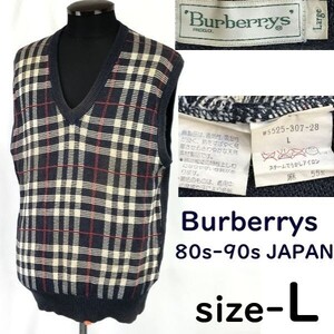 80s-90s/Vintage★ バーバリー/Burberrys★コットン×リネン/ノバチェック柄/サマーニットベスト【メンズL/紺系/navy】Tops◆pBH718