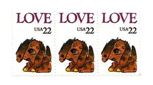 1986年 Love Series Puppy 記念切手 22セント×3コマ