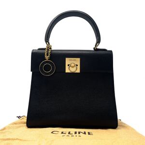 【極上の逸品/極美品】 CELINE セリーヌ ガンチーニ リザード型押し レザー ハンドバッグ バニティ 手提げ鞄 レザー サークルロゴ ブラック