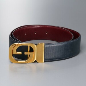 GQ0142△GUCCI オールドグッチ*GG メタルバックル リバーシブル*レザーベルト 革ベルト*ヴィンテージ*ダークネイビー/バーガンディ系