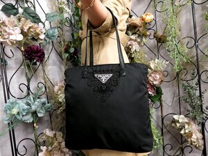 ●超美品●PRADA プラダ●三角ロゴプレート●刺繍●ポコノ ナイロン カーフ レザー 本革●トート バッグ●黒●SV金具●B5 かばん●Js52049