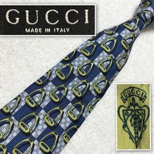 ■美品■GUCCI グッチ　ネクタイ　市松模様　あぶみ　総柄　シルク100% イタリア製　ブルー×ホワイト×グリーン　ビジネス