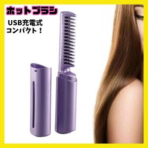 パープル ブラシ型 ヘアアイロン USB充電 ヒートブラシ ヘアスタイル コードレス コンパクト ミニ 携帯用 前髪 ポーチ 新品