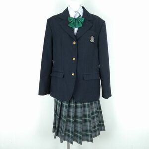 1円 ブレザー チェックスカート リボン 上下4点セット 大きいサイズ 特大 冬物 女子 学生服 大阪城南学園高校 紺 制服 中古 ランクC EY3224