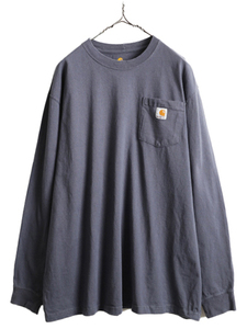 大きいサイズ XL ■ カーハート ポケット付き 長袖 Tシャツ メンズ / 古着 CARHARTT ロンT ワンポイント ポケT ロゴT ヘビーウェイト 青 灰