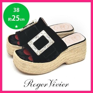 美品 ロジェヴィヴィエ Roger Vivier 定価15.4万 ビジュバックル ハートインソール サンダル エスパドリーユ 黒 38(約25cm) sh24-1128