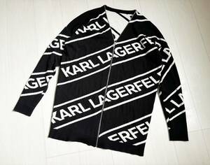 美品 KARL LAGERFELD カールラガーフェルド ニット ジップ 斜め 斜向 ロゴ デザイン ウール リバーシブル セーター 黒 白 △7