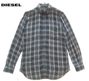 美品トルコ製!!ディーゼル DIESEL*金属ロゴプレート付き チェック柄レーヨンシャツ S 黒×緑×白×橙