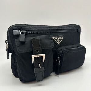 極美品 PRADA プラダ ウエストポーチ ナイロン ボディバッグ 三角ロゴ 斜め掛け 黒 ウエストバッグ クラッチ 2way ダブルポケット