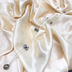 ☆1円スタート!!K14!!■南洋黒蝶&本真珠ステーションネックレス■ d 約3.9g 約45cm アクセサリー パール pearl necklace jewelry BG9