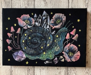 星月猫★アート「カタツムリ銀河」絵画　SM 複製画　木製パネル貼り22.7cmｘ15.8cm　厚み２㎝　「001」