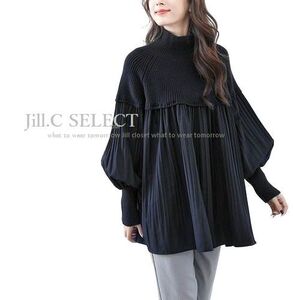 新品【送料185円】BLACK*伸縮◎美ライン*リブニット×プリーツ加工*異素材切り替え*Aラインシルエット*プルオーバー*チュニック3167