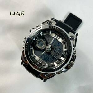 LIGE 高級感 抜群 シルバー デジタル 腕時計スポーツデュアルウォッチ 1スタ1円スタート