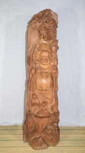 布袋様 オーストラリア白檀 高さ約96㎝ 一本彫り 仏像 木製　彫刻 仏教美術 長期保管品 【e1-t-30】