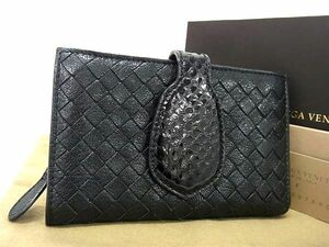 1円 ■極上■本物■美品■ BOTTEGA VENETA ボッテガヴェネタ イントレチャート レザー×パイソン 二つ折り 財布 ブラック系 AX7256