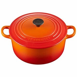 ル・クルーゼ(Le Creuset) 鋳物 ホーロー 鍋 両手鍋 無水鍋 鉄鍋 ココット・ロンド 24 cm オレンジ ガス IH オーブン (中古品)　(shin