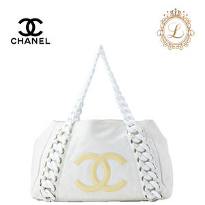 CHANEL シャネル ショルダーバッグ トートバッグ ココマーク プラチェーンショルダー ラムスキン 白×イエロー シルバー金具 レディースバ