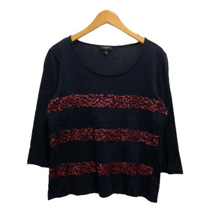 タルボット TALBOTS Tシャツ カットソー クルーネック スパンコール 無地 長袖 S 紺 ネイビー 赤 レッド ※MZ レディース