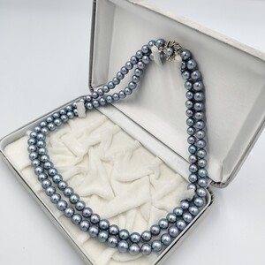 【テリ抜群!!】アコヤ あこや 2連 ブルー パール ネックレス 8mm〜8.5mm 55cm SILVER 刻印 100.9g 本真珠 akoya pearl jewelry necklace