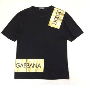 DOLCE＆GABBANA ドルチェ＆ガッバーナ メンズ パテントパッチ 黒×金 ロゴプリント ジャージーコットン 半袖Tシャツ Tシャツ 46=L～XL