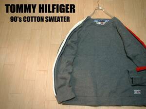 TOMMY HILFIGERワンポイント刺繍&ケーブルニットトリコロールアームラインコットンニットセーターXXL正規トミーヒルフィガーJEANSジーンズ