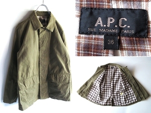 ルーマニア製 A.P.C. アーペーセー 高密度コットンツイル チェック裏地 ririジップ ハーフコート ミリタリージャケット 36 カーキオリーブ