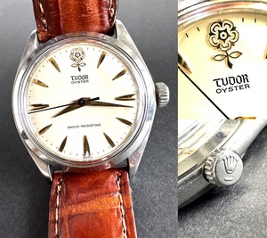 レア　TUDOR　チュードル　アラビア　オイスター　デカバラ　ゴールド　7934　時計　手巻き　34mm　メンズ　ブラウン レザー　薔薇