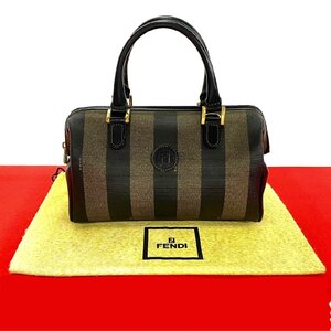 極 美品 袋付き FENDI フェンディ ペカン FF ロゴ ストライプ 柄 レザー ハンドバッグ ミニ ボストンバッグ ブラック カーキ 38360