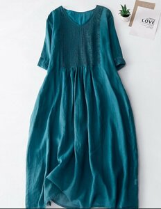 *:.* 2XL ★ 新品★大きいサイズ★シンプルなVネック前タックがおしゃれな 綿麻涼しくて痩せてロング丈ワンピース 