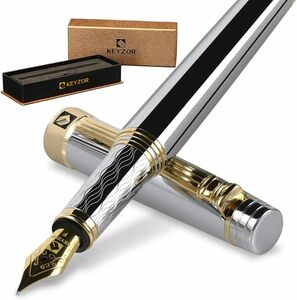 シルバー Keyzor 高級万年筆 - ファンシーなシ(シルバー)ペン 24K金メッキの細字ペン先 両用式 コンバーターギフトケー