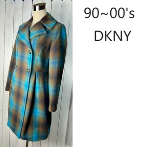 90s～00s DKNY Aライン オンブレチェック ダブルウールコート 4 グラデーション ダナキャランNY オールド 日本製 ロングコート M～L ●120