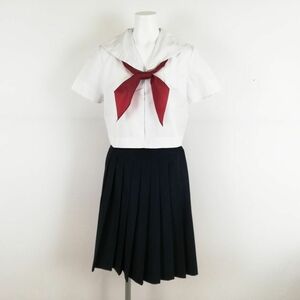 1円 セーラー服 スカート スカーフ 上下3点セット 夏物 白2本線 女子 学生服 中学 高校 白 制服 中古 ランクC NA9266