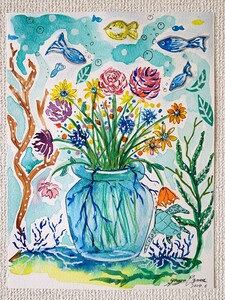 水彩画　花　花の絵　魚の絵　アート　原画　インテリア　オリジナルアート