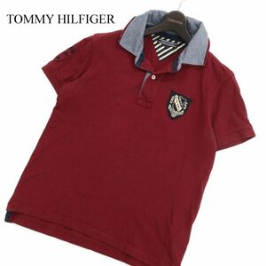 TOMMY HILFIGER トミーヒルフィガー 春夏 ワッペン★ ロゴ刺繍 半袖 二重襟 鹿の子 ポロシャツ Sz.S　メンズ ボルドー 赤系　C3T04228_5#A