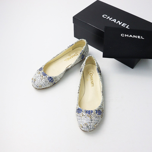 2012C イタリア製 シャネル CHANEL G28134 ツイード ラインストーンロゴ パンプス 37/ホワイト系 シューズ ココマーク【2400014121544】