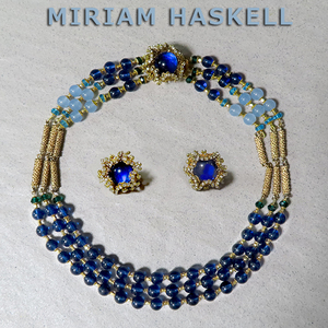 ◆ミリアムハスケル：青透明３連ネックレス＋イヤリング：ヴィンテージコスチュームジュエリー