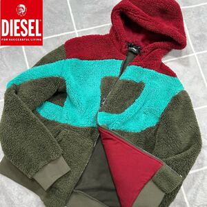 【冬の極上品】極美品 DIESEL ディーゼル フリース ボアジャケット【極暖】XL相当 カーキ ビッグロゴ ジップ刻印 リブ切替 【最高傑作】