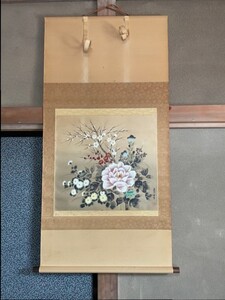 笠井青芳作 『四季草花』掛軸 古美術 骨董 インテリア 129cm×64cm 共箱入り