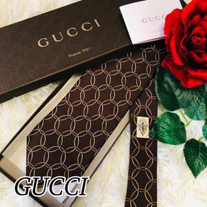 GUCCI グッチ メンズ 男性 紳士 ネクタイ ブランドネクタイ 総柄 茶 ブラウン ビジネス 結婚式 二次会 カッコいい 美品 剣先 9.6cm