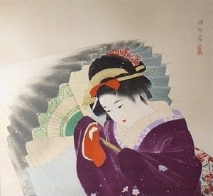 ☆ 値下げスタート ☆ 伊東 深水 ☆　　　吹 雪　　　美人画　　　シルクスクリーン　　　額装済み 　　記念作品　　美品　