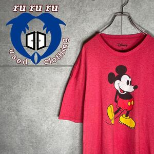 [古着]ディズニー　半袖　Tシャツ　ミッキー　デカロゴ　アメリカン　プリント　赤