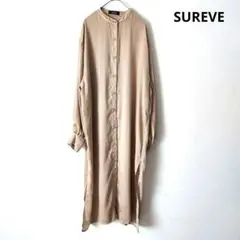 SUREVE　バンドカラー長袖シャツワンピース　M　ベージュ　ゆったり