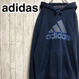 adidas アディダス ネイビー M プルオーバーパーカー スウェットパーカー 刺繍ロゴ パフォーマンスロゴ ビッグロゴ