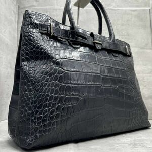 1円■最高峰/A4◎■ FURLA フルラ メンズ クロコダイル 型押し マット トートバッグ ビジネスバッグ 金具 レザー 本革 ブラック 黒