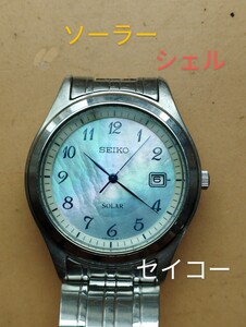 AD43　セイコー　ソーラー時計　稼働品　日付つき　シェル文字盤