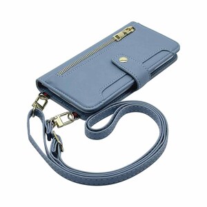 iPhone12 / iPhone12 Pro スマホケース（ブルーグレー）斜めがけ スマホショルダー 手帳型 ストラップ付き くすみカラー