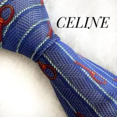 CELINE セリーヌ　ネクタイ　青　ブルー　総柄　ストライプ