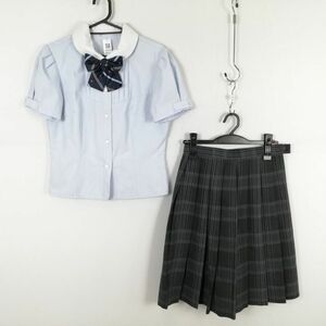 1円 ブラウス キュロットスカート リボン 上下3点セット 夏物 女子 学生服 長崎日本大学高校 水色 制服 中古 ランクC NA3448