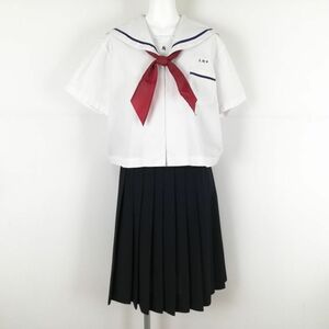 1円 セーラー服 スカート スカーフ 上下3点セット 170 大きいサイズ 特大 夏物 青1本線 女子 学生服 宮崎三財中学 白 中古 ランクC NA7653