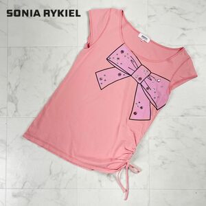 SONIA RYKIEL ソニア リキエル リボンプリント カラーストーン 半袖カットソー Tシャツ トップス レディース ピンク サイズ38*PC475